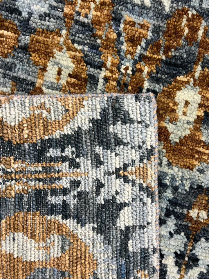 Blue, Charcoal &amp; Gold Contemporary Geometric Design – Hand-Knotted Wool Rug – 7.10’ x 9.11’
