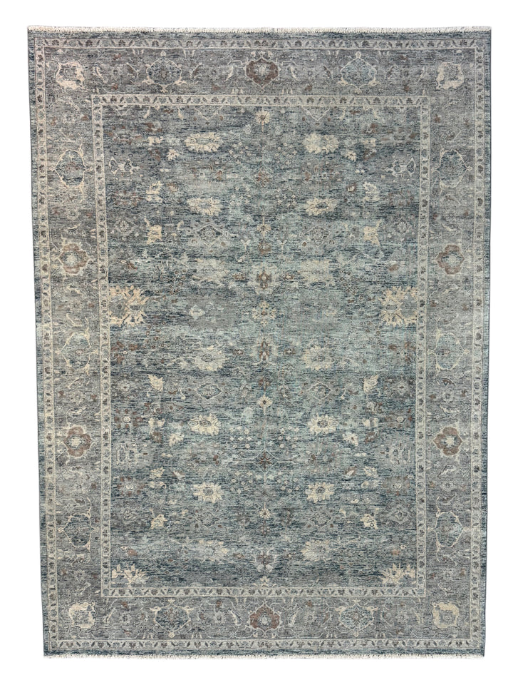 Blue &amp; Gray Vintage Floral Design – Hand-Knotted Wool Rug – 8.0’ x 11.0’