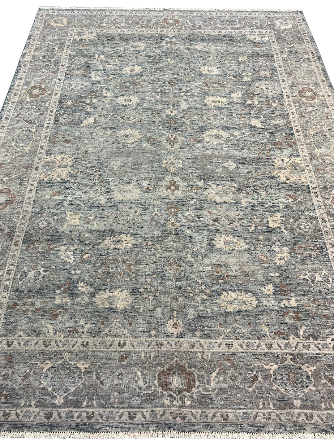 Blue &amp; Gray Vintage Floral Design – Hand-Knotted Wool Rug – 8.0’ x 11.0’