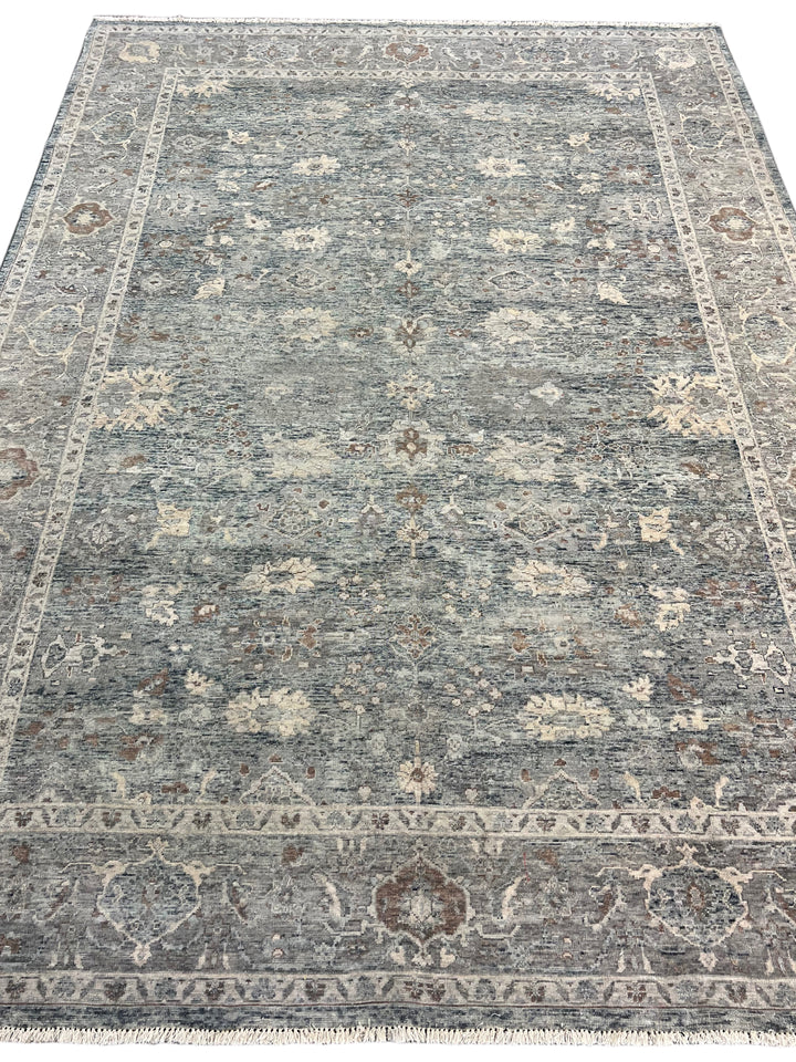 Blue &amp; Gray Vintage Floral Design – Hand-Knotted Wool Rug – 8.0’ x 11.0’