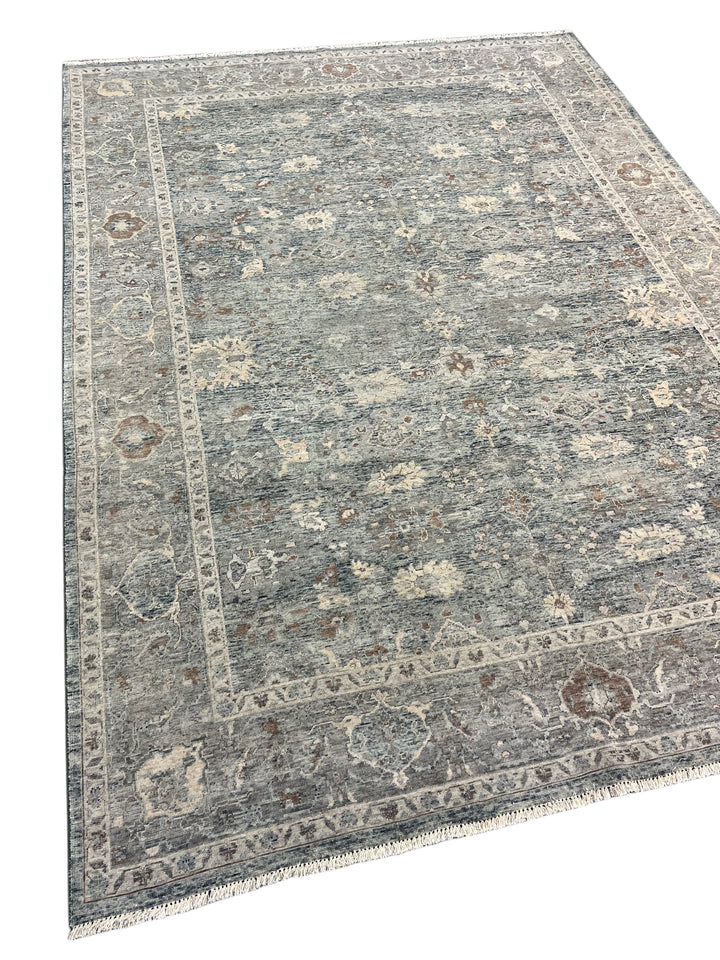 Blue &amp; Gray Vintage Floral Design – Hand-Knotted Wool Rug – 8.0’ x 11.0’