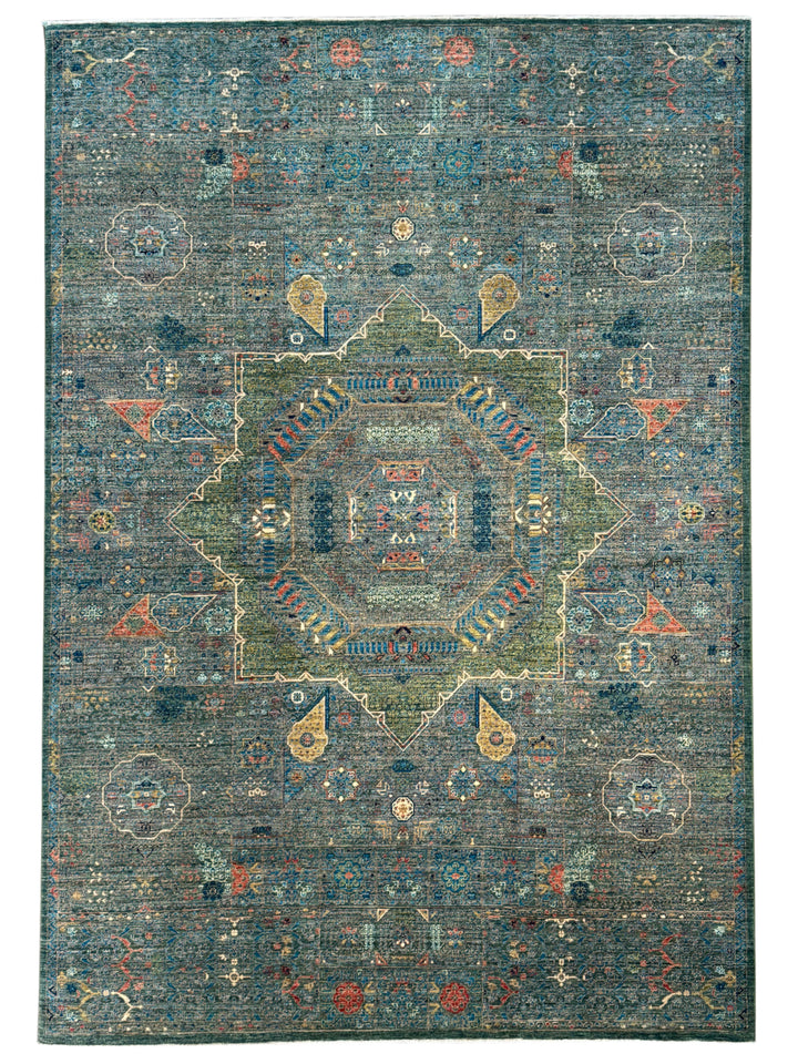 Blue &amp; Green Geometric Medallion Design – Hand-Knotted Mamluk Wool Rug – 6.7’ x 9.6’