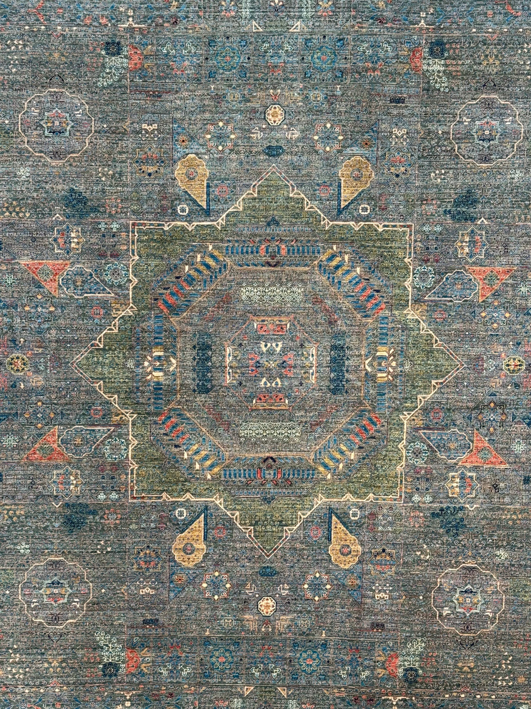 Blue &amp; Green Geometric Medallion Design – Hand-Knotted Mamluk Wool Rug – 6.7’ x 9.6’