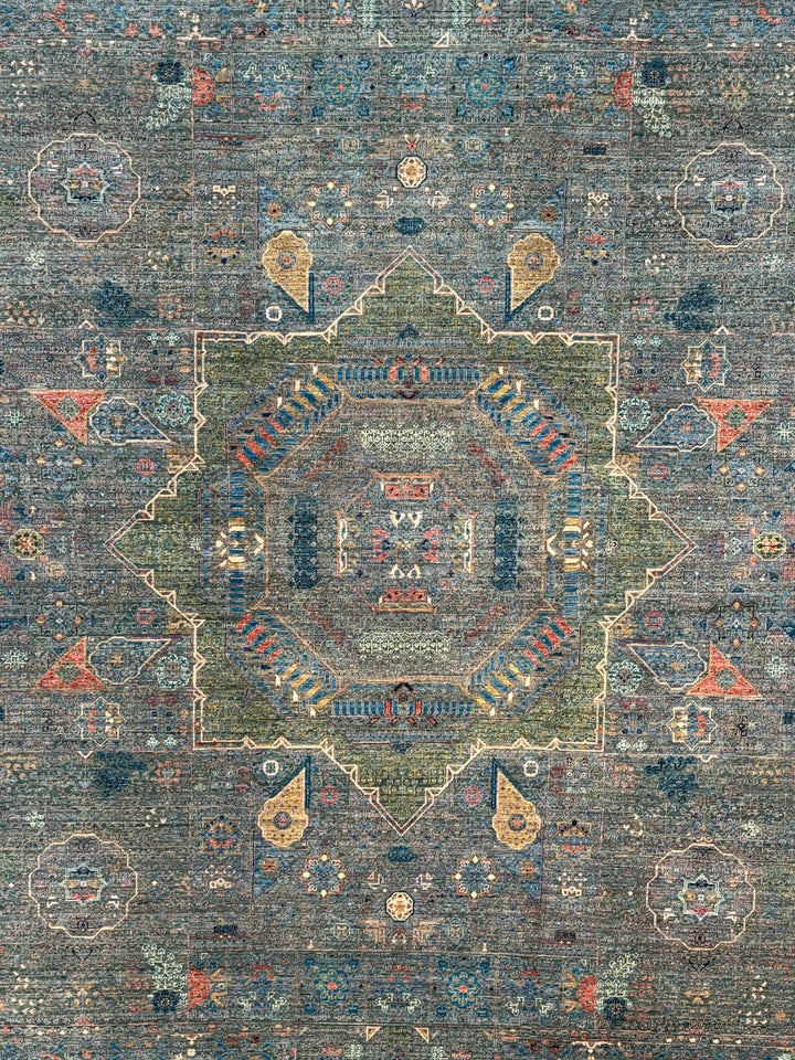 Blue &amp; Green Geometric Medallion Design – Hand-Knotted Mamluk Wool Rug – 6.7’ x 9.6’