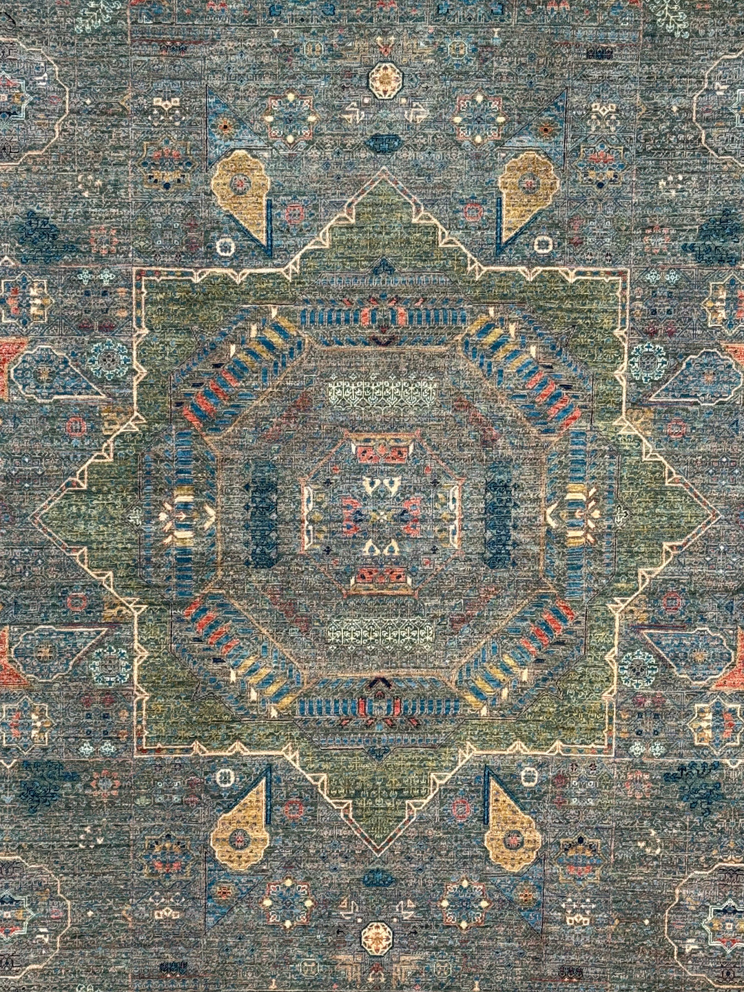 Blue &amp; Green Geometric Medallion Design – Hand-Knotted Mamluk Wool Rug – 6.7’ x 9.6’