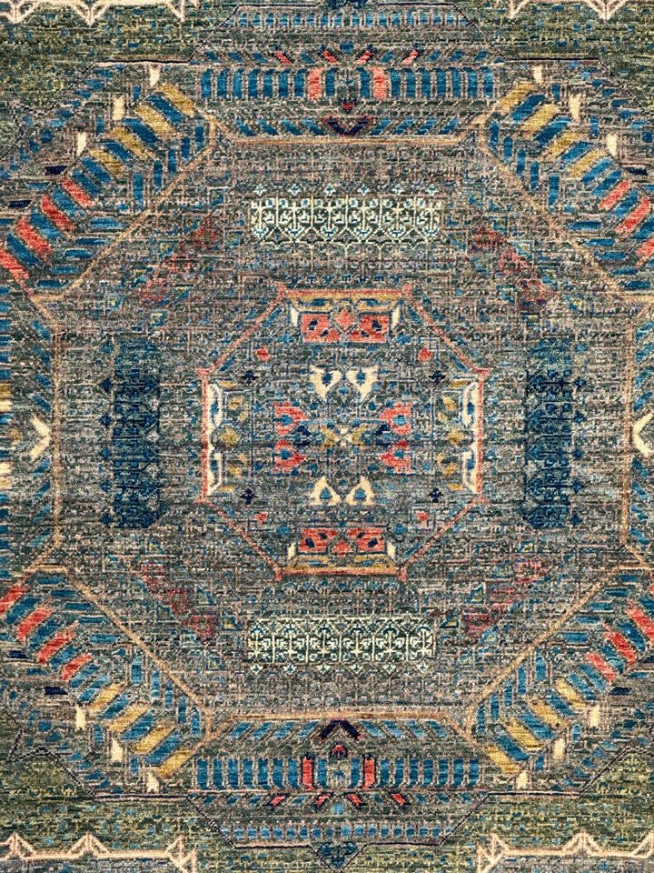 Blue &amp; Green Geometric Medallion Design – Hand-Knotted Mamluk Wool Rug – 6.7’ x 9.6’