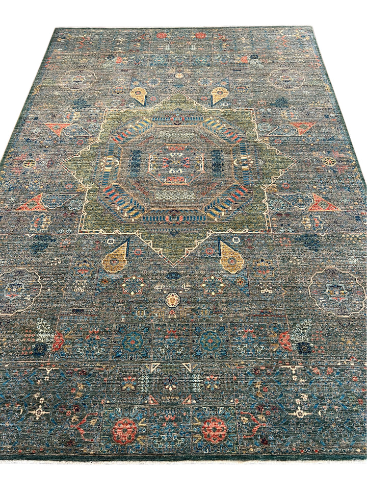 Blue &amp; Green Geometric Medallion Design – Hand-Knotted Mamluk Wool Rug – 6.7’ x 9.6’