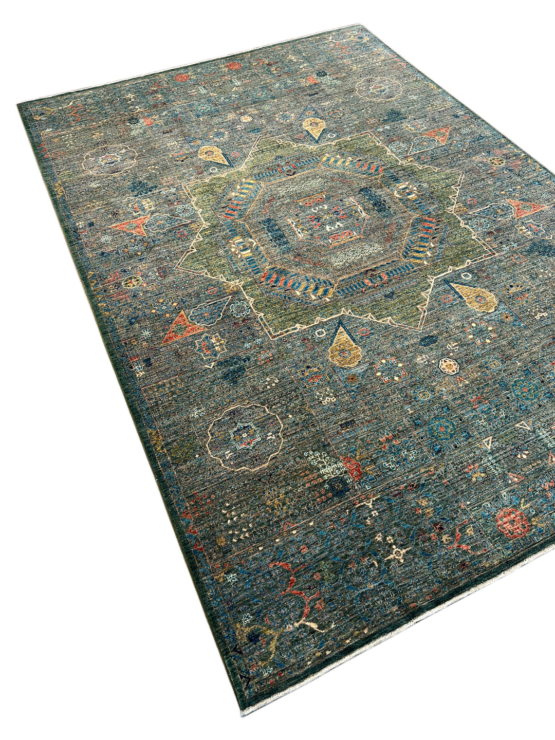 Blue &amp; Green Geometric Medallion Design – Hand-Knotted Mamluk Wool Rug – 6.7’ x 9.6’