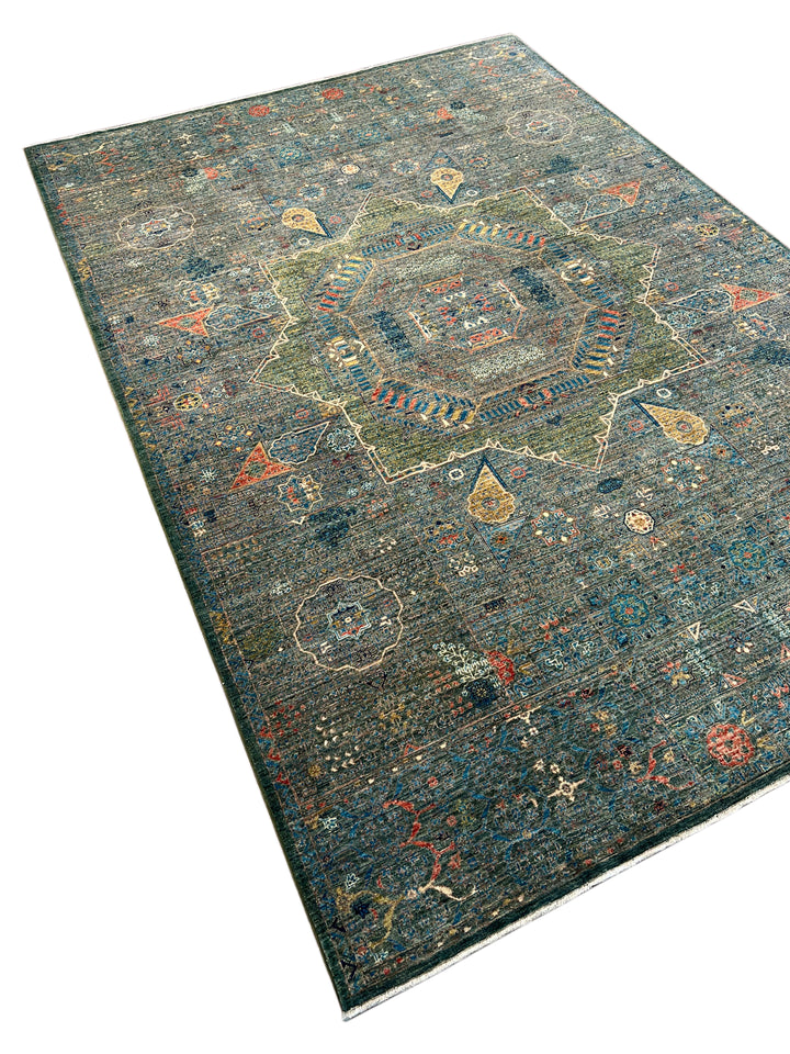 Blue &amp; Green Geometric Medallion Design – Hand-Knotted Mamluk Wool Rug – 6.7’ x 9.6’