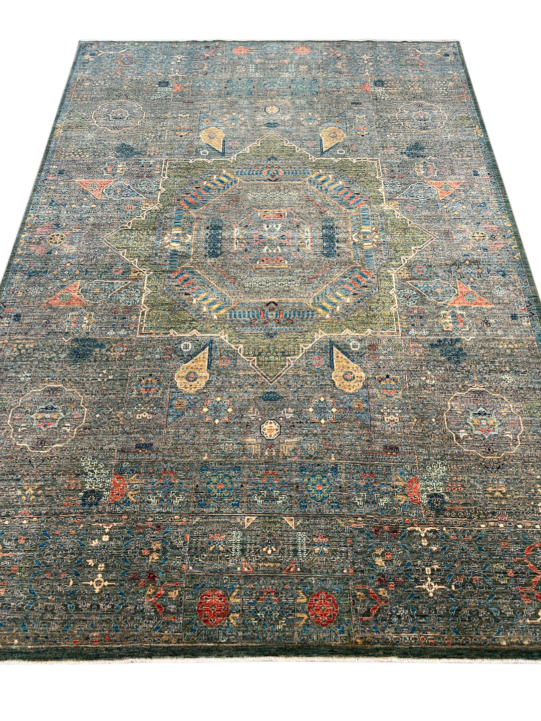 Blue &amp; Green Geometric Medallion Design – Hand-Knotted Mamluk Wool Rug – 6.7’ x 9.6’