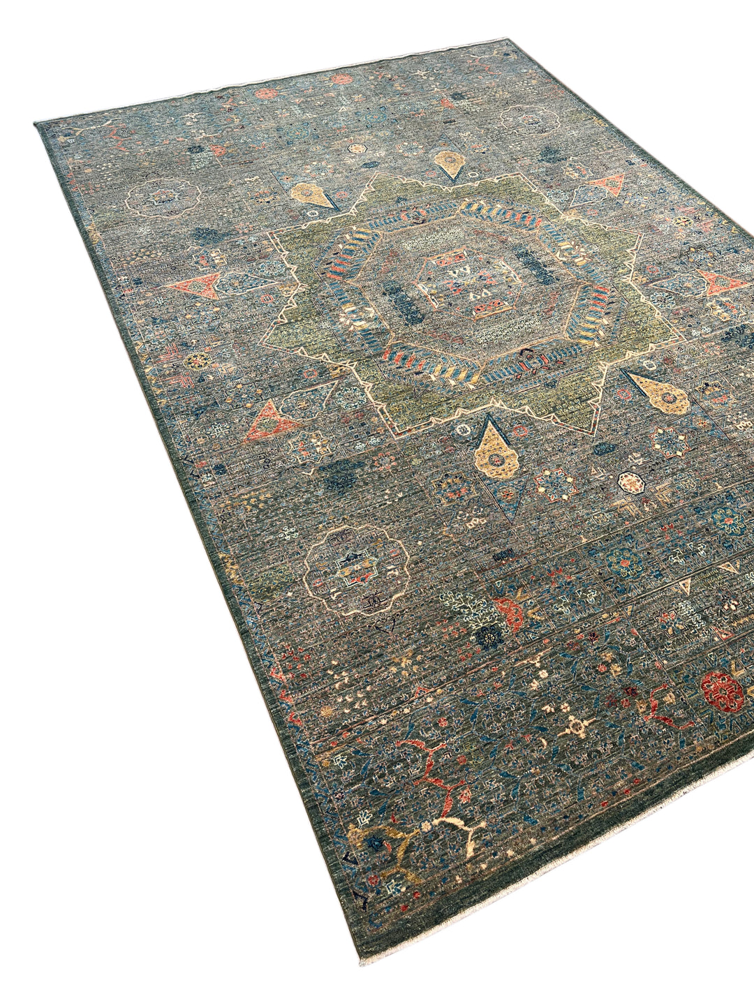 Blue &amp; Green Geometric Medallion Design – Hand-Knotted Mamluk Wool Rug – 6.7’ x 9.6’