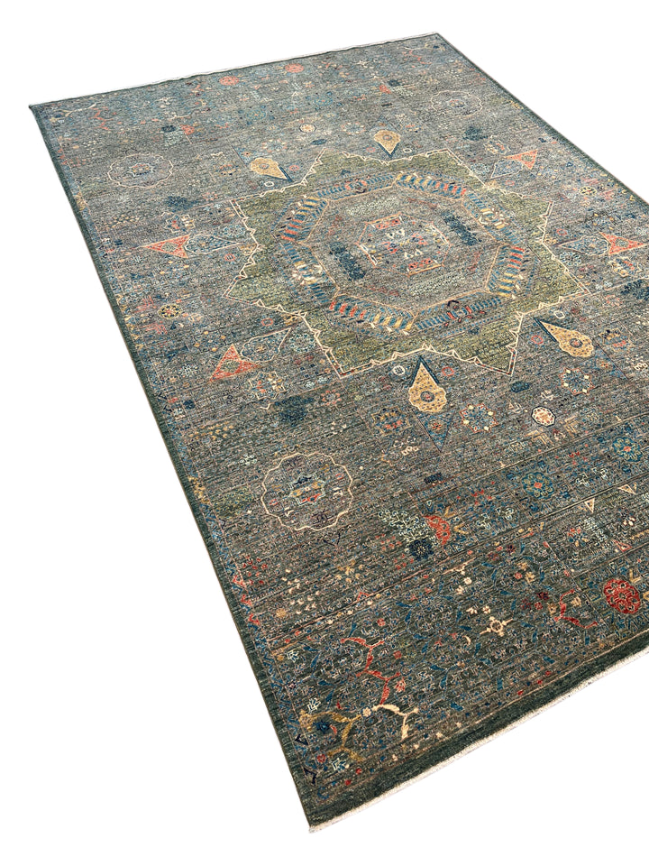 Blue &amp; Green Geometric Medallion Design – Hand-Knotted Mamluk Wool Rug – 6.7’ x 9.6’
