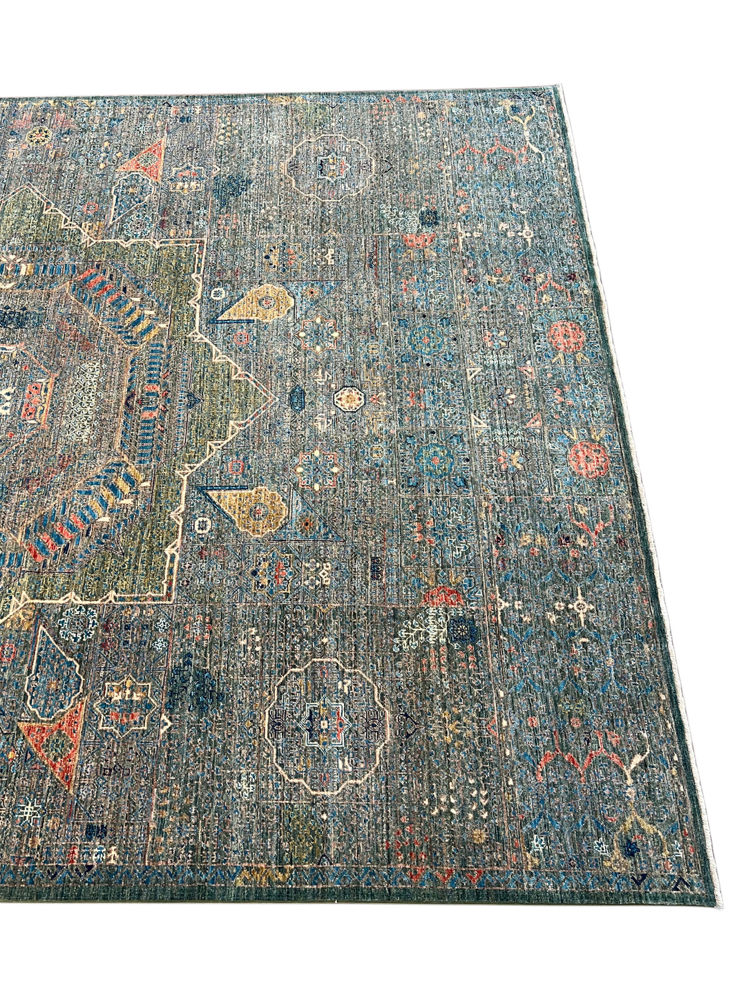Blue &amp; Green Geometric Medallion Design – Hand-Knotted Mamluk Wool Rug – 6.7’ x 9.6’