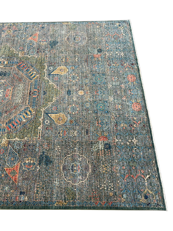 Blue &amp; Green Geometric Medallion Design – Hand-Knotted Mamluk Wool Rug – 6.7’ x 9.6’