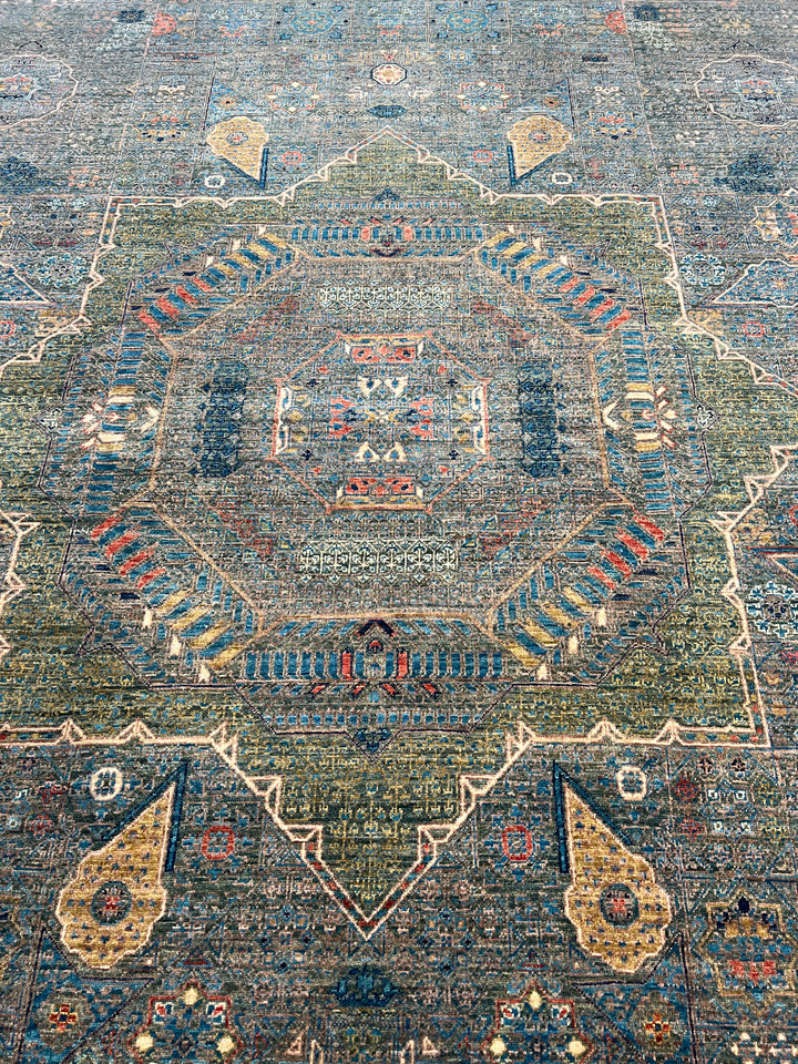 Blue &amp; Green Geometric Medallion Design – Hand-Knotted Mamluk Wool Rug – 6.7’ x 9.6’