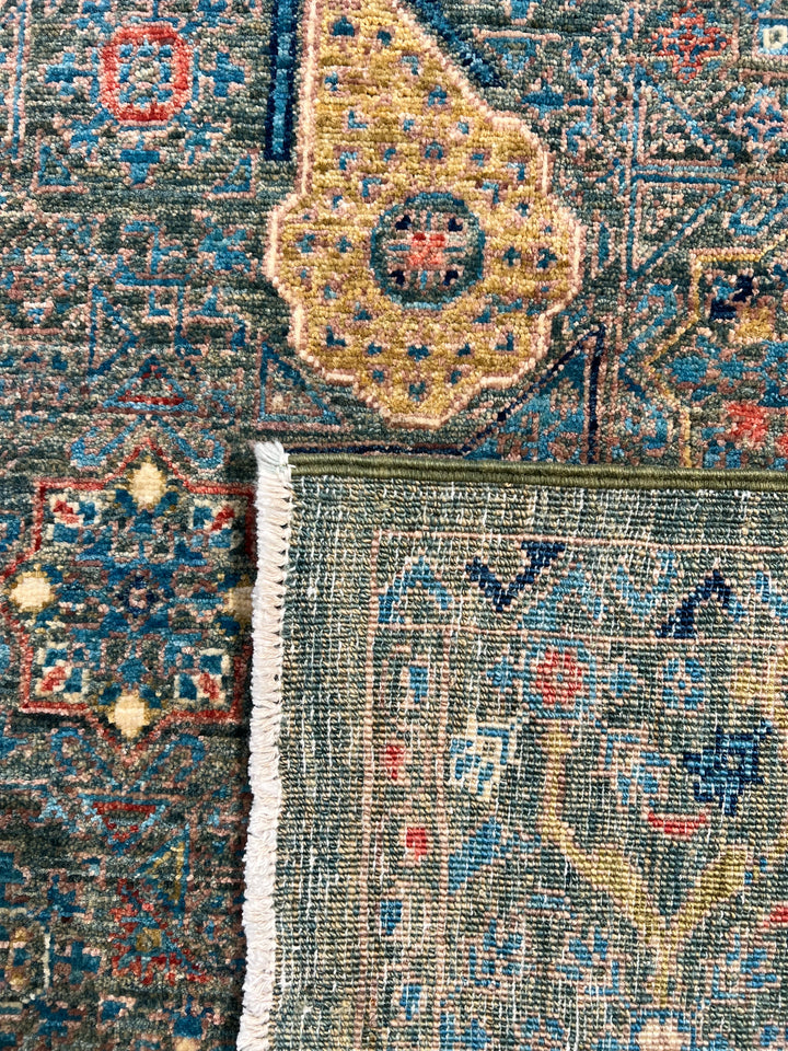 Blue &amp; Green Geometric Medallion Design – Hand-Knotted Mamluk Wool Rug – 6.7’ x 9.6’