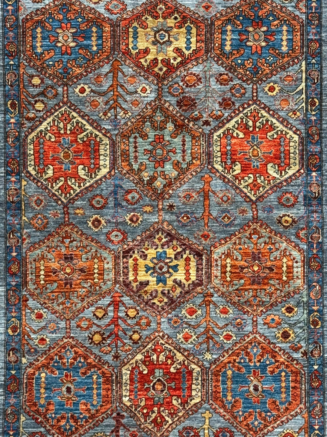 Hand-Knotted Kazak Wool Rug – Blue, Rust &amp; Ivory Geometric Design – 4.1’ x 6.1’