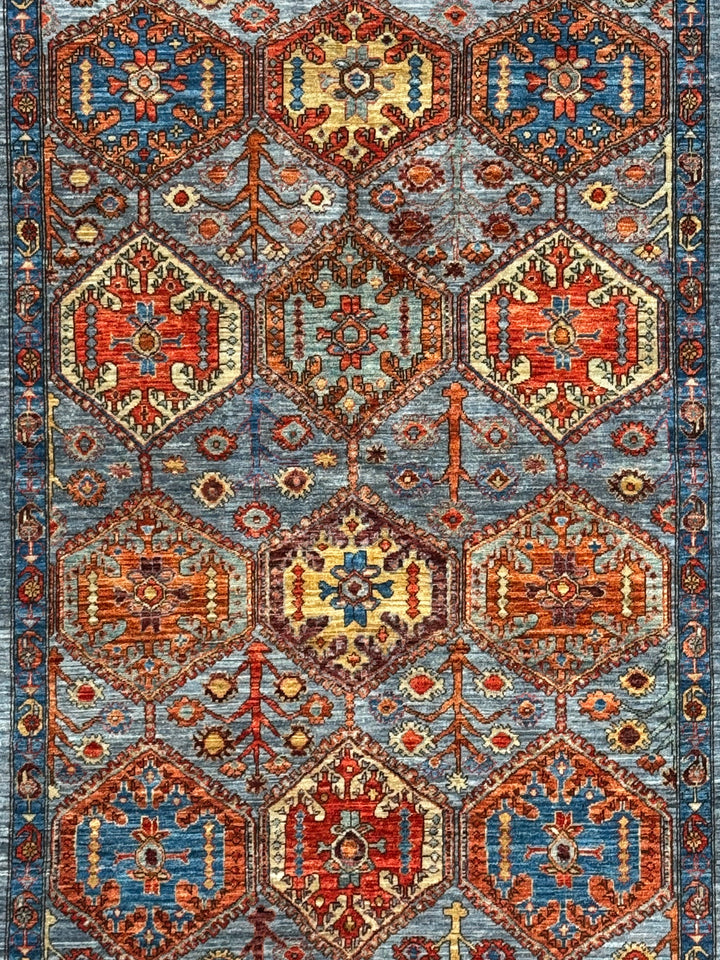 Hand-Knotted Kazak Wool Rug – Blue, Rust &amp; Ivory Geometric Design – 4.1’ x 6.1’