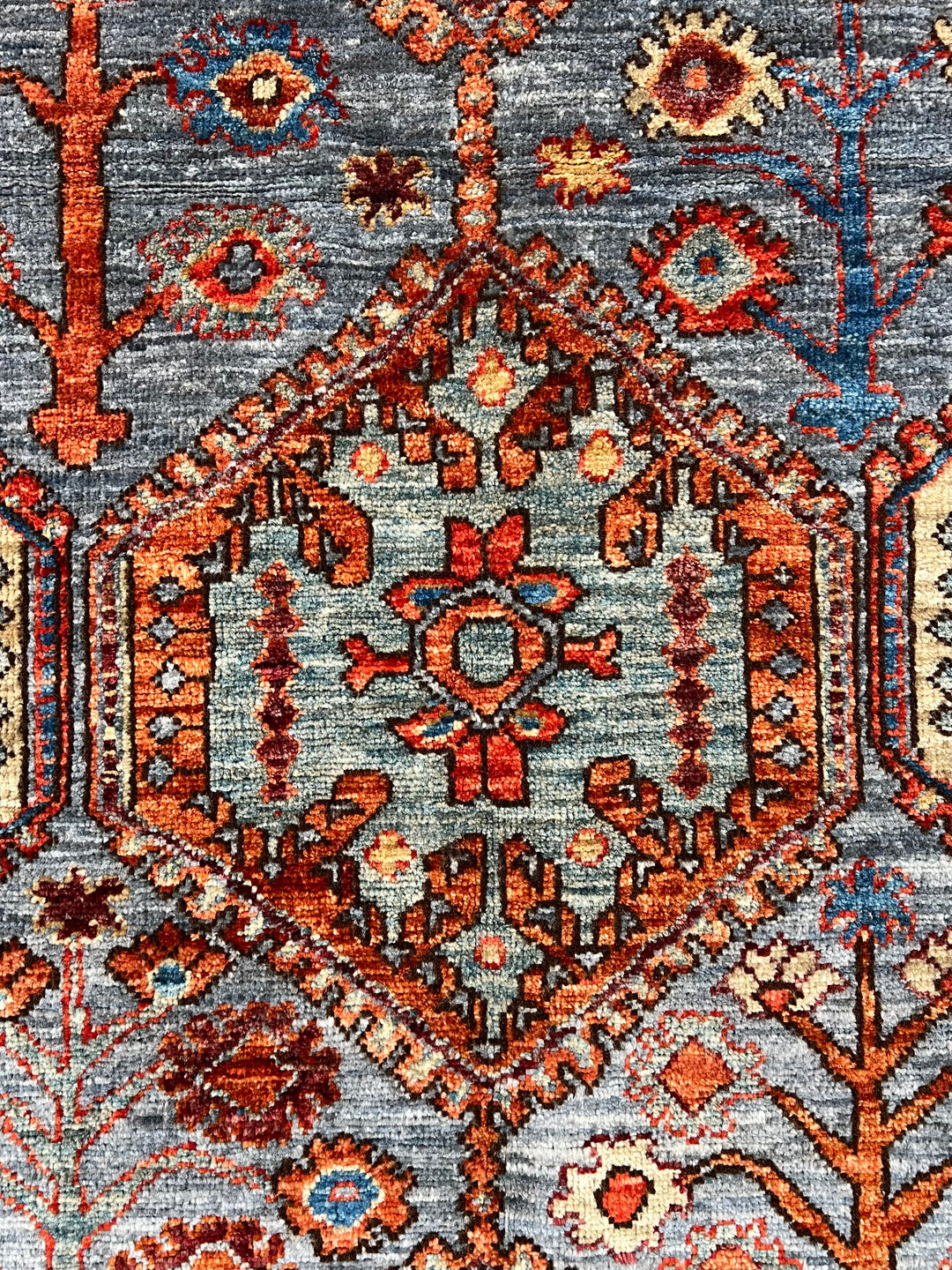 Hand-Knotted Kazak Wool Rug – Blue, Rust &amp; Ivory Geometric Design – 4.1’ x 6.1’