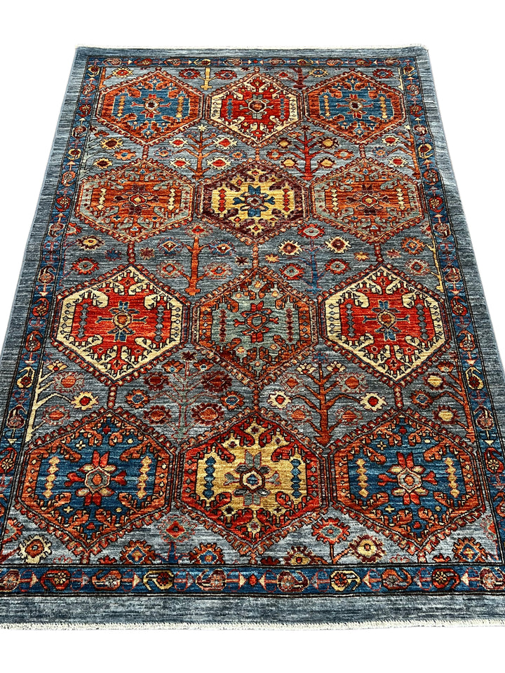 Hand-Knotted Kazak Wool Rug – Blue, Rust &amp; Ivory Geometric Design – 4.1’ x 6.1’