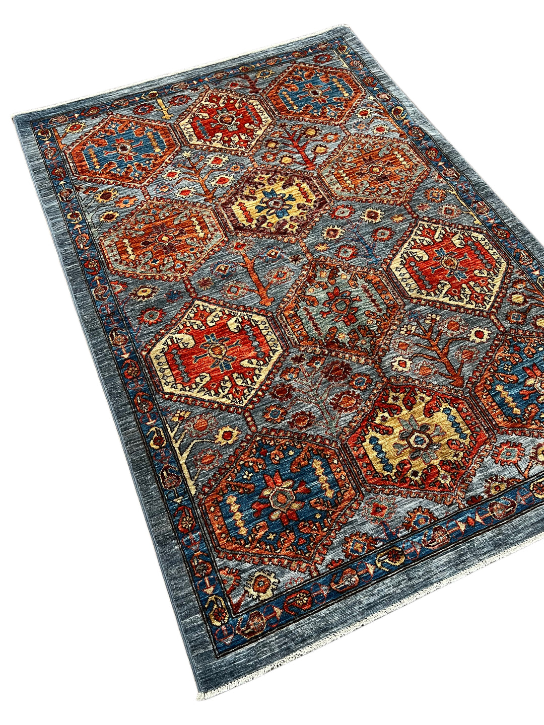 Hand-Knotted Kazak Wool Rug – Blue, Rust &amp; Ivory Geometric Design – 4.1’ x 6.1’