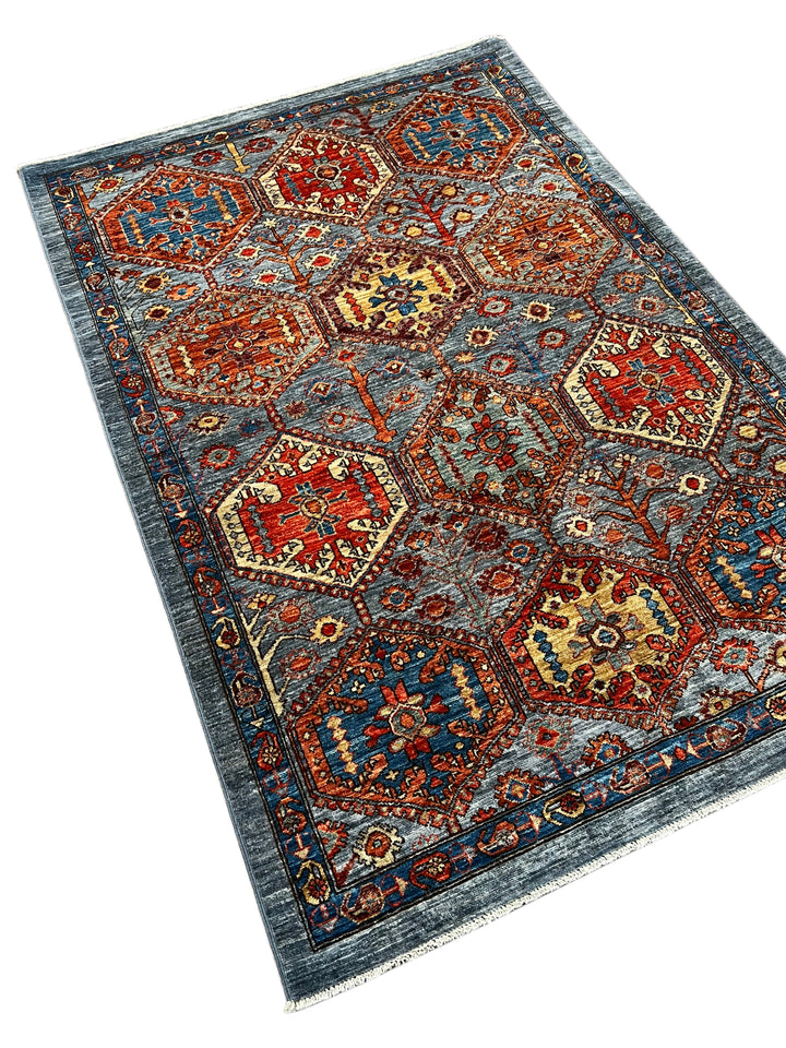 Hand-Knotted Kazak Wool Rug – Blue, Rust &amp; Ivory Geometric Design – 4.1’ x 6.1’