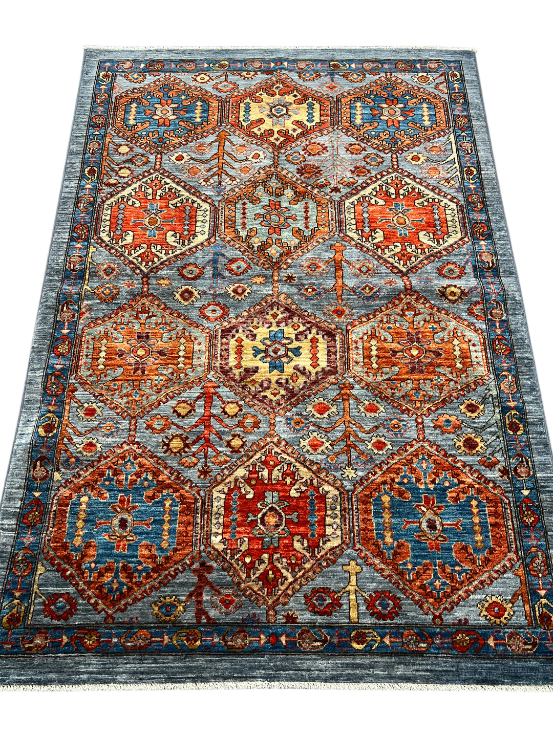 Hand-Knotted Kazak Wool Rug – Blue, Rust &amp; Ivory Geometric Design – 4.1’ x 6.1’