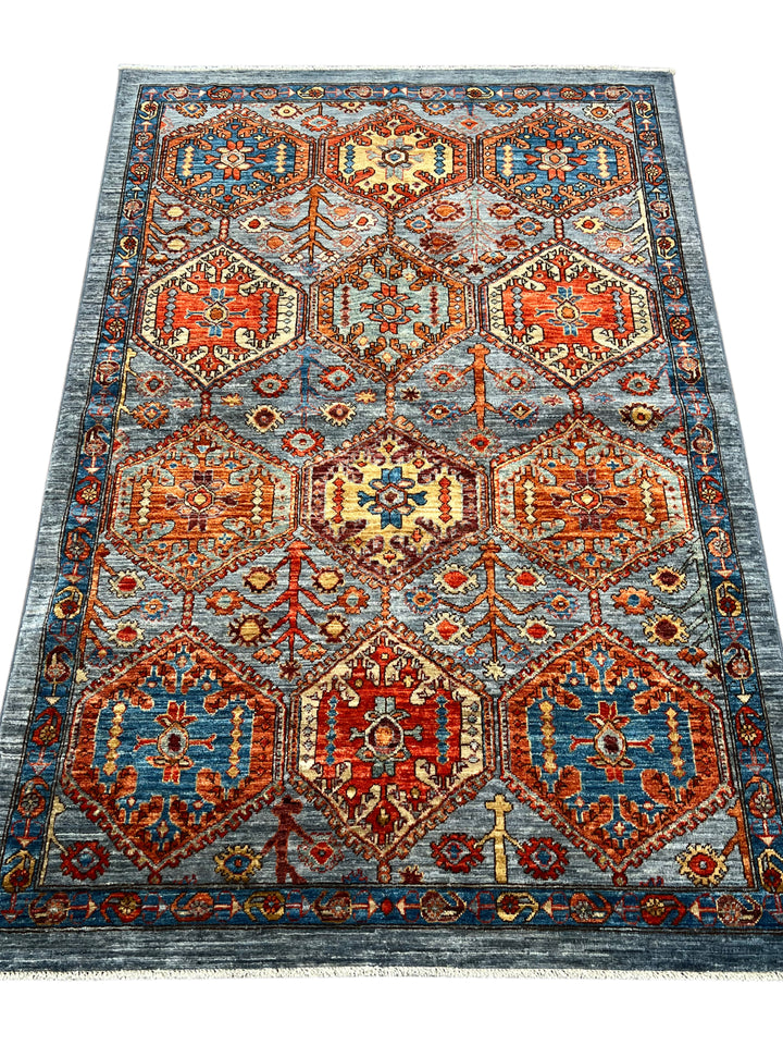 Hand-Knotted Kazak Wool Rug – Blue, Rust &amp; Ivory Geometric Design – 4.1’ x 6.1’