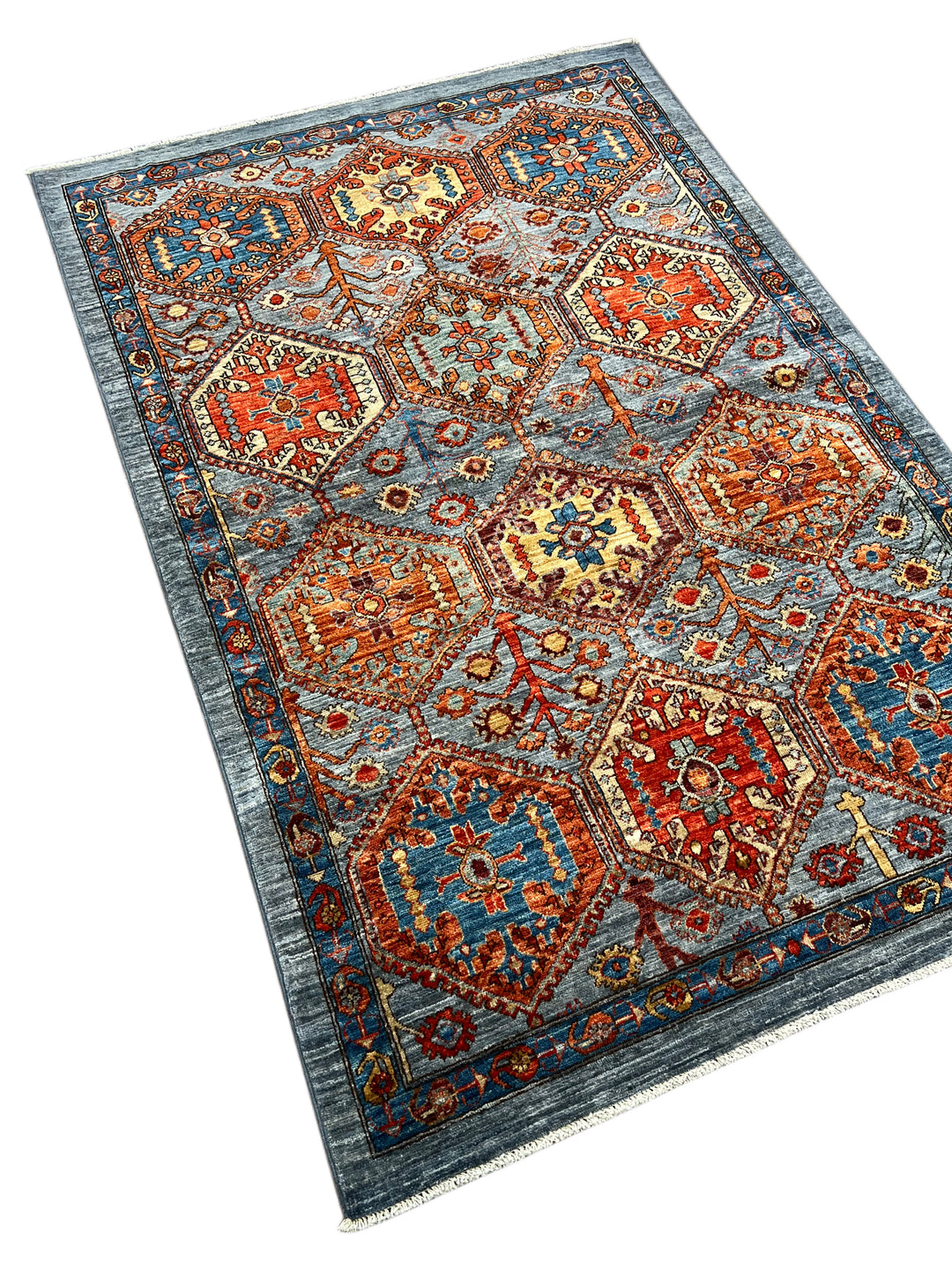 Hand-Knotted Kazak Wool Rug – Blue, Rust &amp; Ivory Geometric Design – 4.1’ x 6.1’