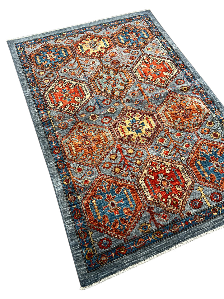 Hand-Knotted Kazak Wool Rug – Blue, Rust &amp; Ivory Geometric Design – 4.1’ x 6.1’