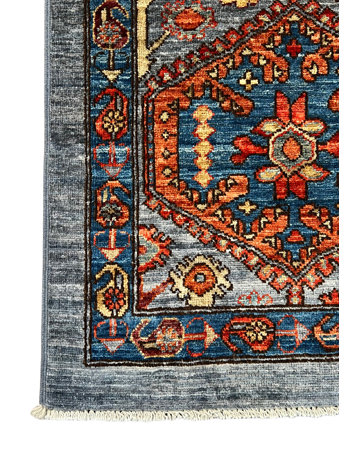 Hand-Knotted Kazak Wool Rug – Blue, Rust &amp; Ivory Geometric Design – 4.1’ x 6.1’