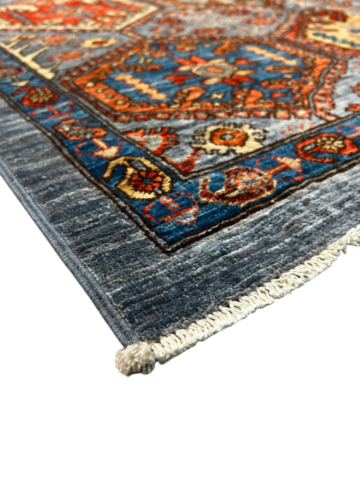 Hand-Knotted Kazak Wool Rug – Blue, Rust &amp; Ivory Geometric Design – 4.1’ x 6.1’