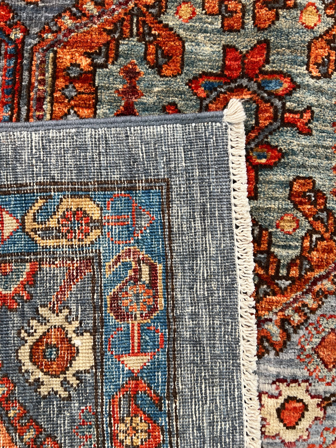 Hand-Knotted Kazak Wool Rug – Blue, Rust &amp; Ivory Geometric Design – 4.1’ x 6.1’