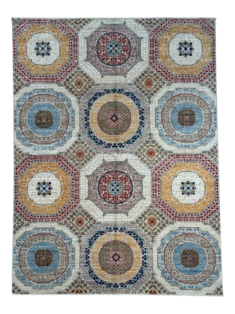 Ivory, Blue & Gold Geometric Medallion Design – Hand-Knotted Mamluk Wool Rug –  4.11’ x 6.7’