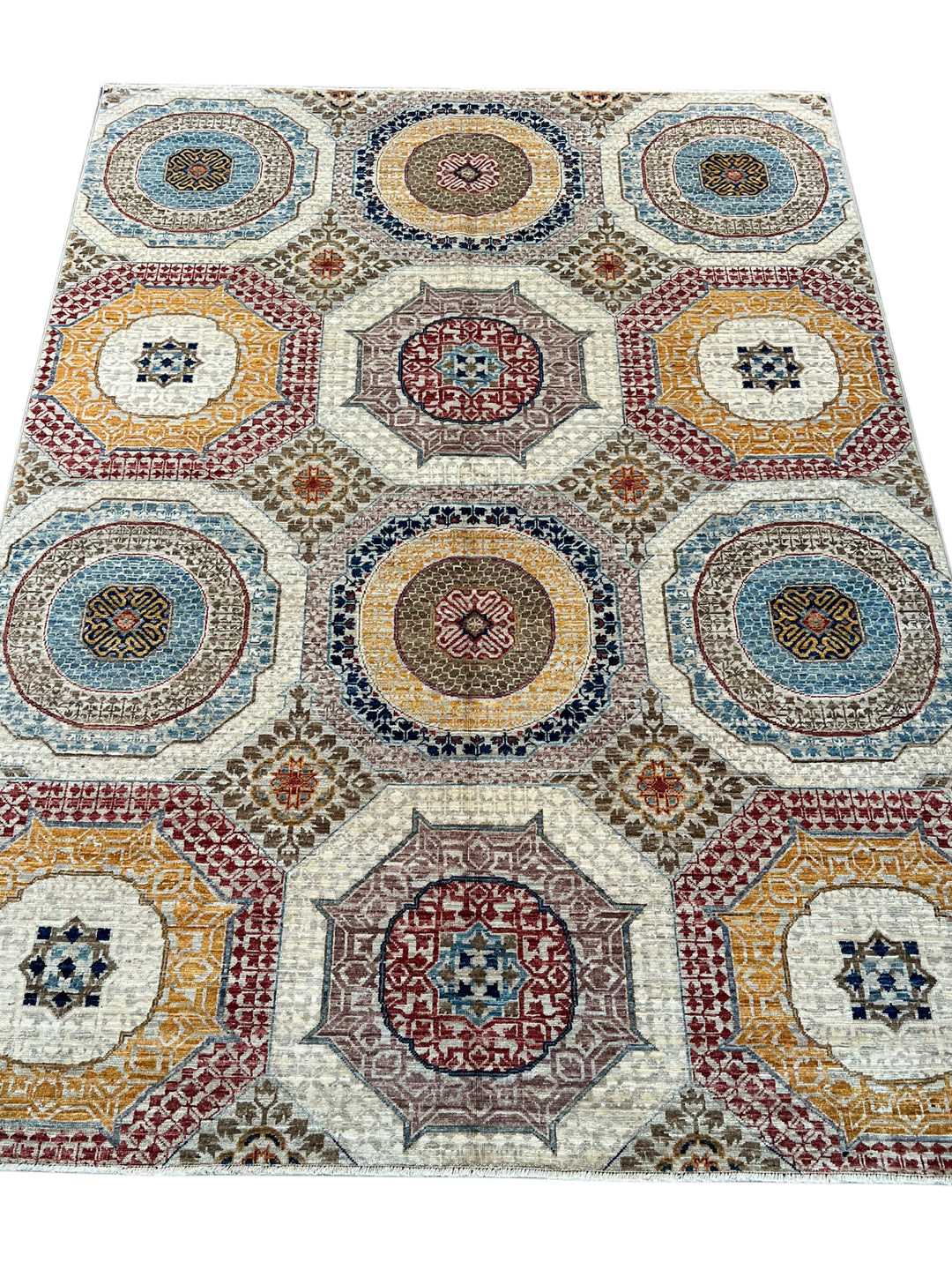Ivory, Blue &amp; Gold Geometric Medallion Design – Hand-Knotted Mamluk Wool Rug –  4.11’ x 6.7’