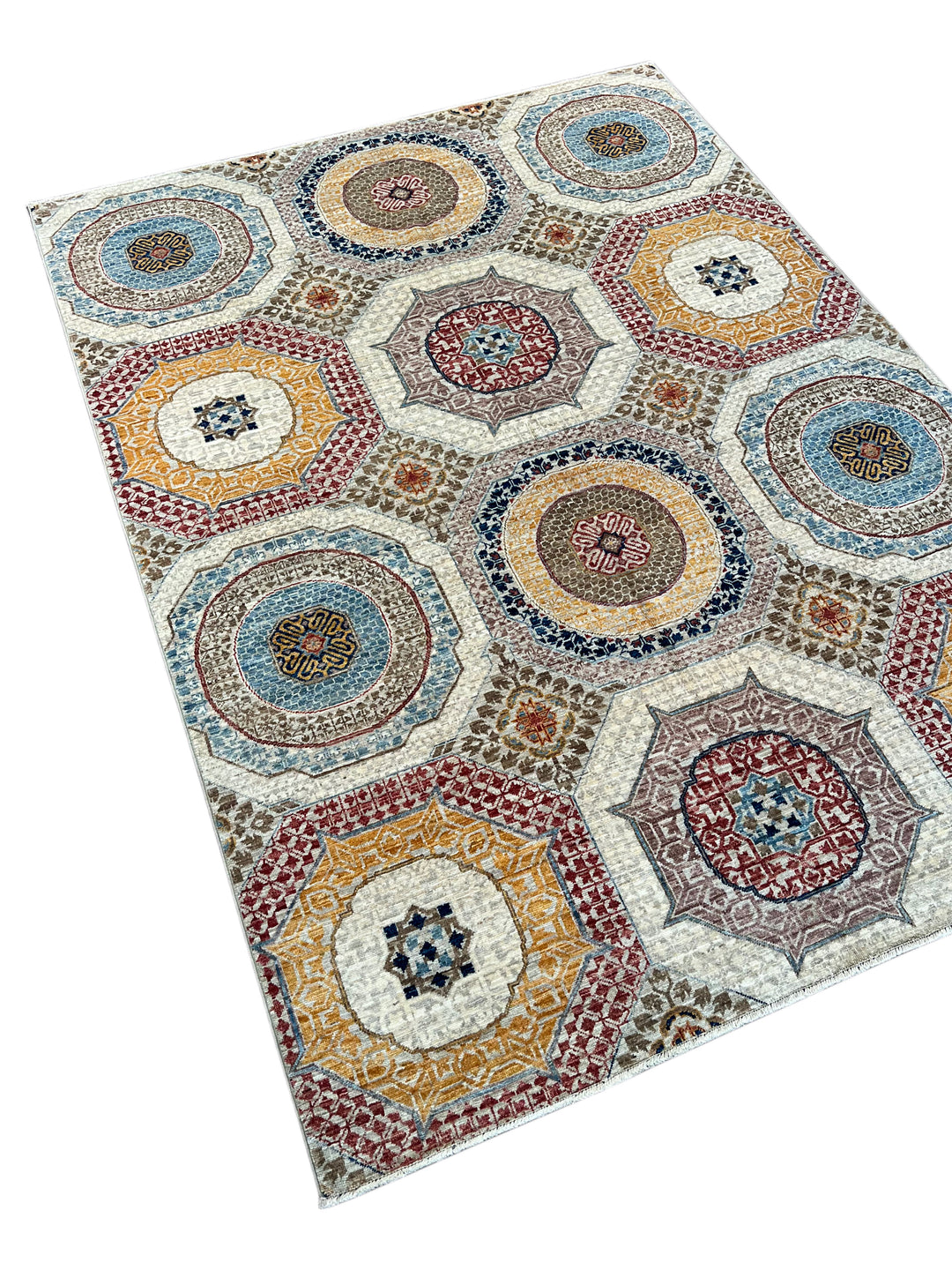 Ivory, Blue &amp; Gold Geometric Medallion Design – Hand-Knotted Mamluk Wool Rug –  4.11’ x 6.7’