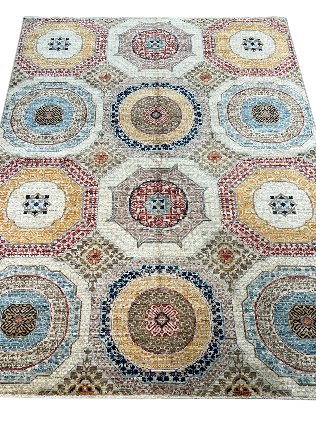 Ivory, Blue &amp; Gold Geometric Medallion Design – Hand-Knotted Mamluk Wool Rug –  4.11’ x 6.7’