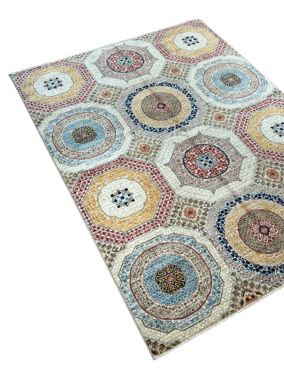 Ivory, Blue &amp; Gold Geometric Medallion Design – Hand-Knotted Mamluk Wool Rug –  4.11’ x 6.7’