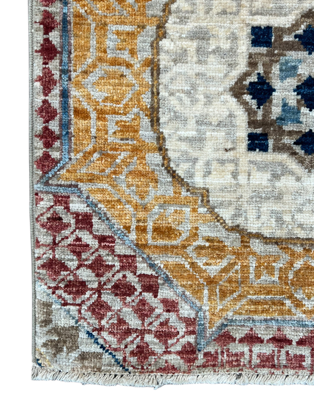 Ivory, Blue &amp; Gold Geometric Medallion Design – Hand-Knotted Mamluk Wool Rug –  4.11’ x 6.7’