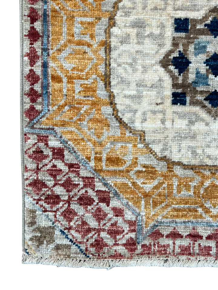 Ivory, Blue &amp; Gold Geometric Medallion Design – Hand-Knotted Mamluk Wool Rug –  4.11’ x 6.7’