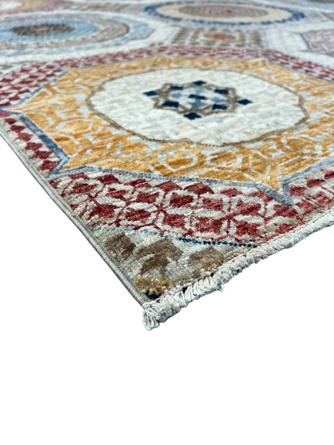 Ivory, Blue &amp; Gold Geometric Medallion Design – Hand-Knotted Mamluk Wool Rug –  4.11’ x 6.7’