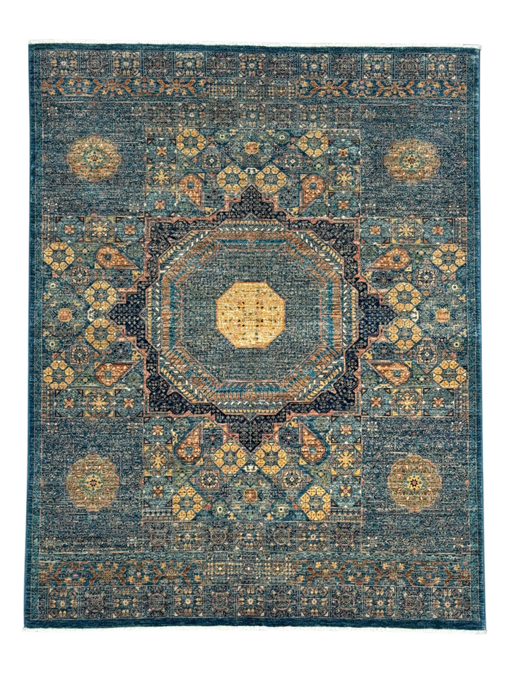 Blue, Green &amp; Gold Geometric Medallion Design – Hand-Knotted Mamluk Wool Rug –  4.11’ x 6.4’