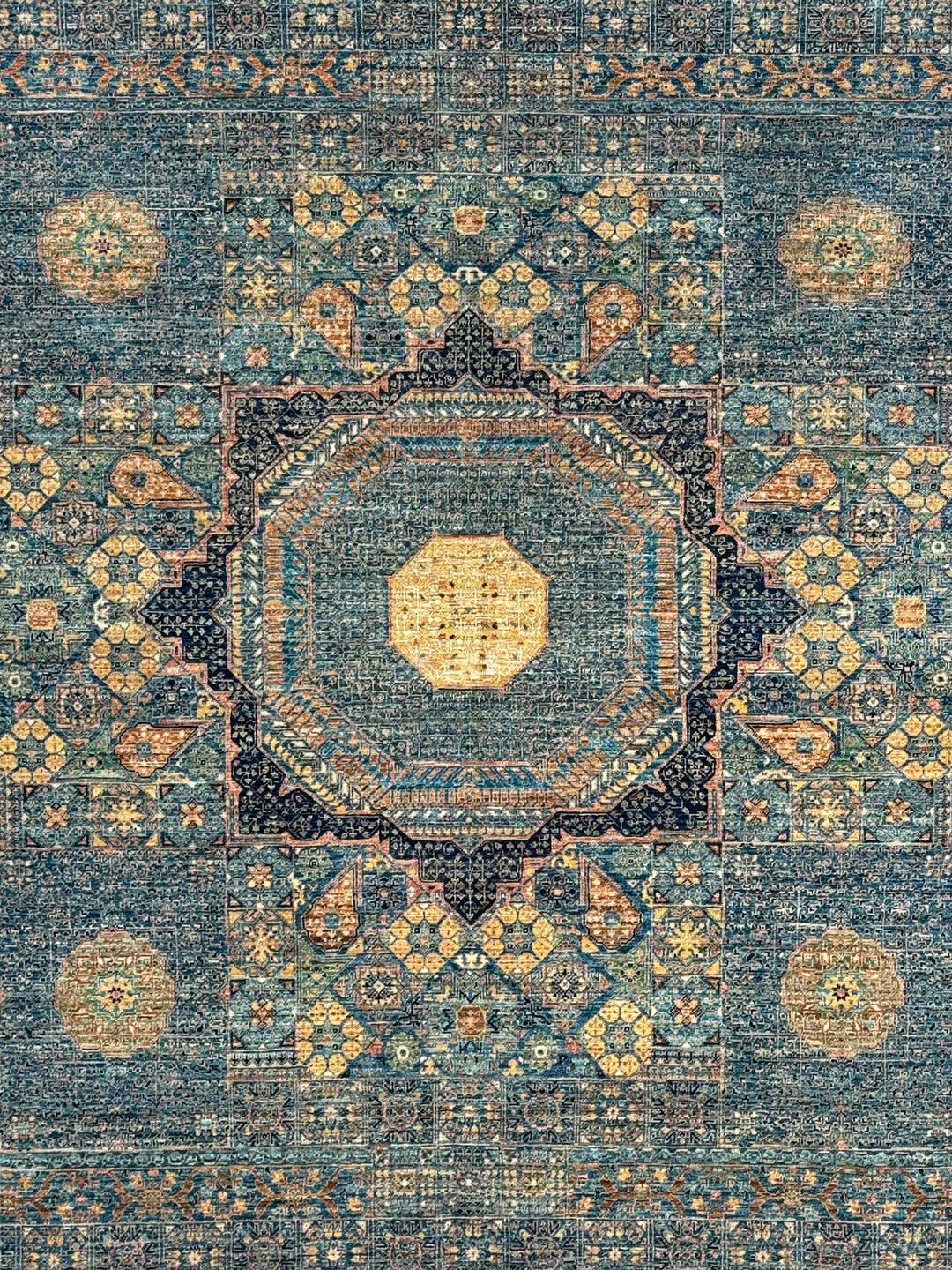 Blue, Green &amp; Gold Geometric Medallion Design – Hand-Knotted Mamluk Wool Rug –  4.11’ x 6.4’