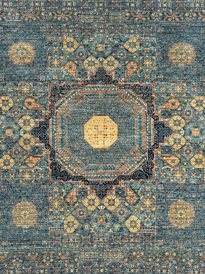 Blue, Green &amp; Gold Geometric Medallion Design – Hand-Knotted Mamluk Wool Rug –  4.11’ x 6.4’