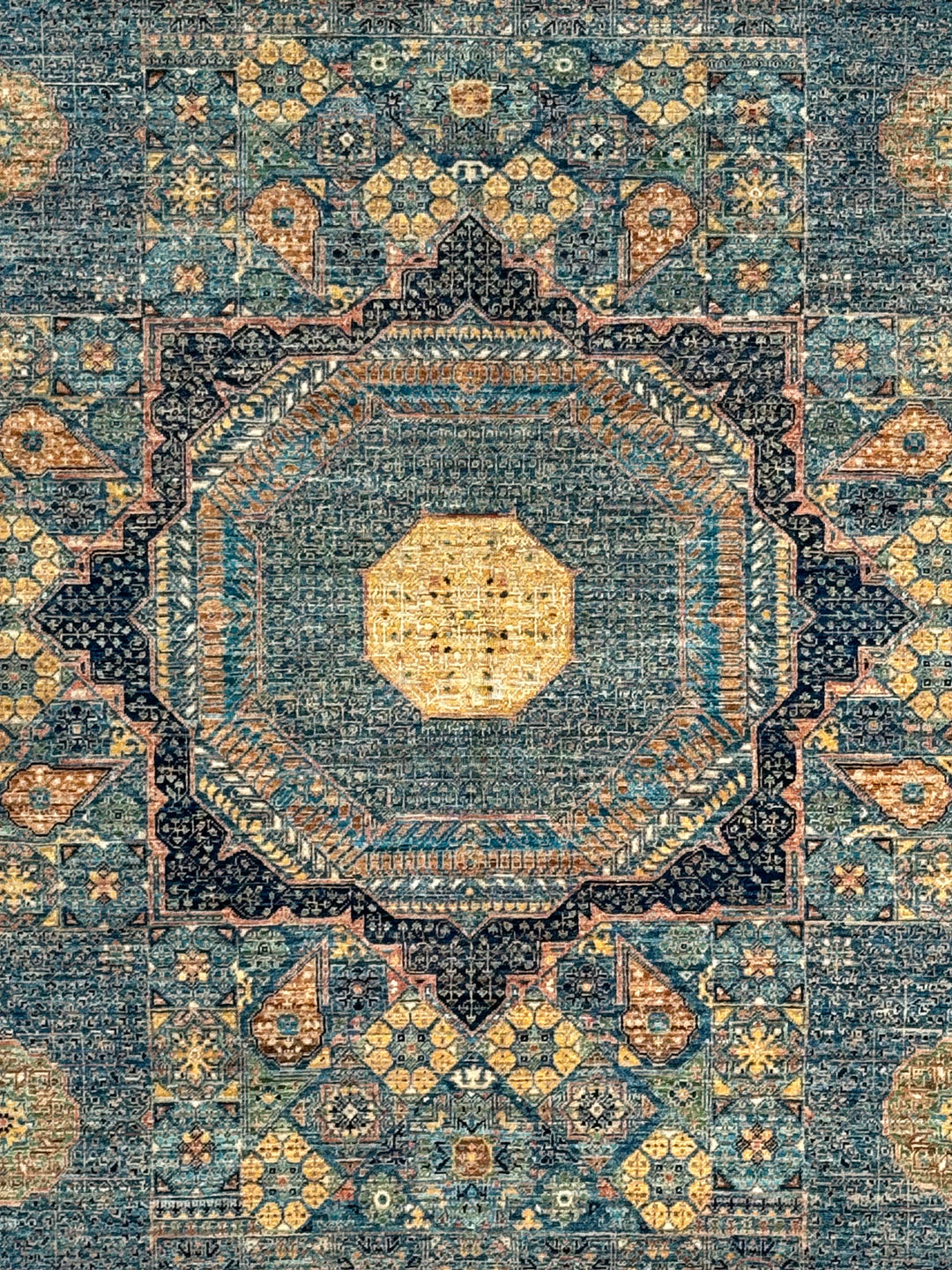 Blue, Green &amp; Gold Geometric Medallion Design – Hand-Knotted Mamluk Wool Rug –  4.11’ x 6.4’