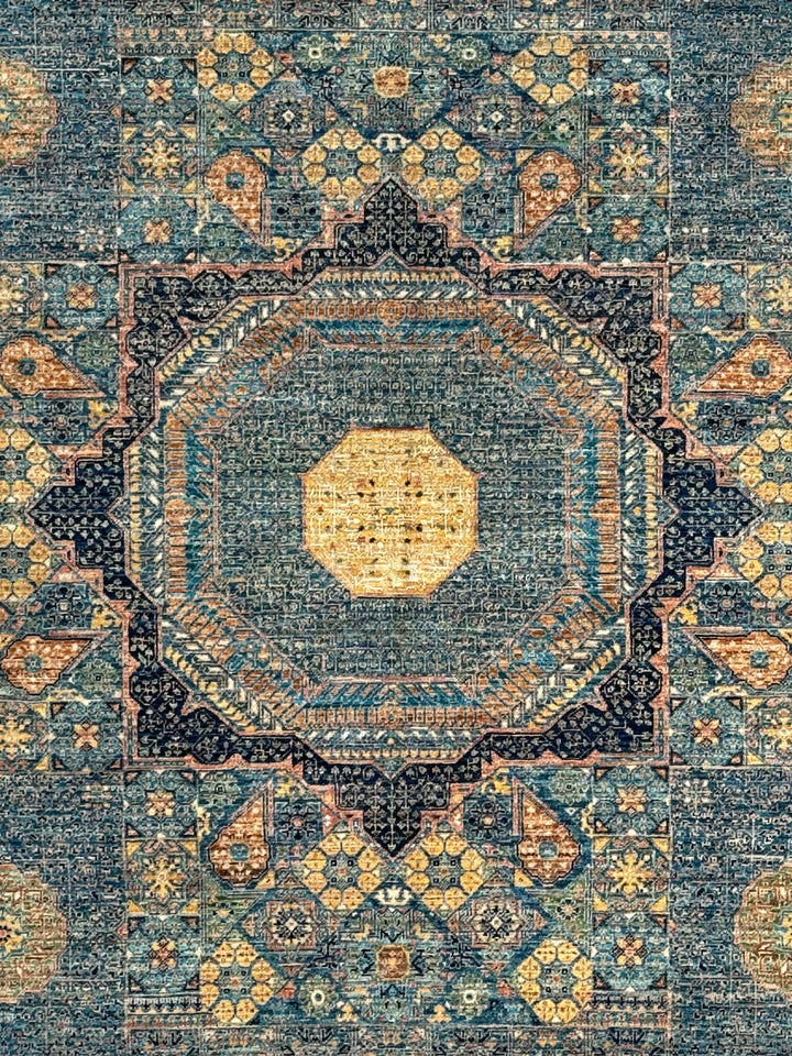 Blue, Green &amp; Gold Geometric Medallion Design – Hand-Knotted Mamluk Wool Rug –  4.11’ x 6.4’