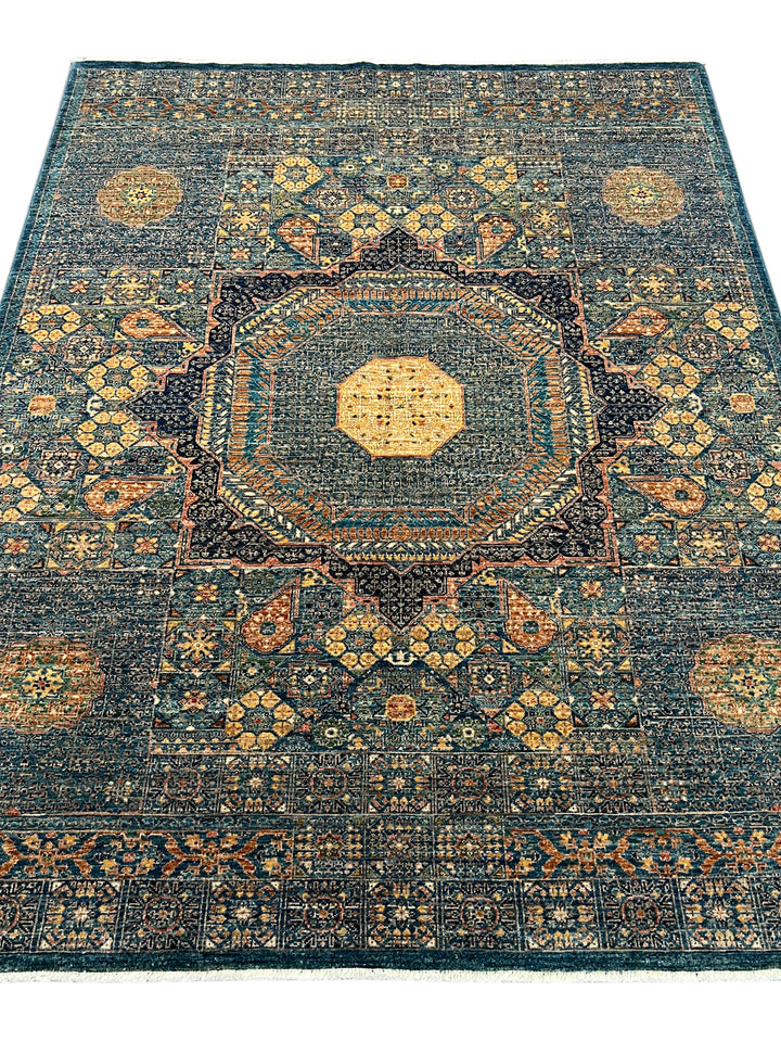Blue, Green &amp; Gold Geometric Medallion Design – Hand-Knotted Mamluk Wool Rug –  4.11’ x 6.4’