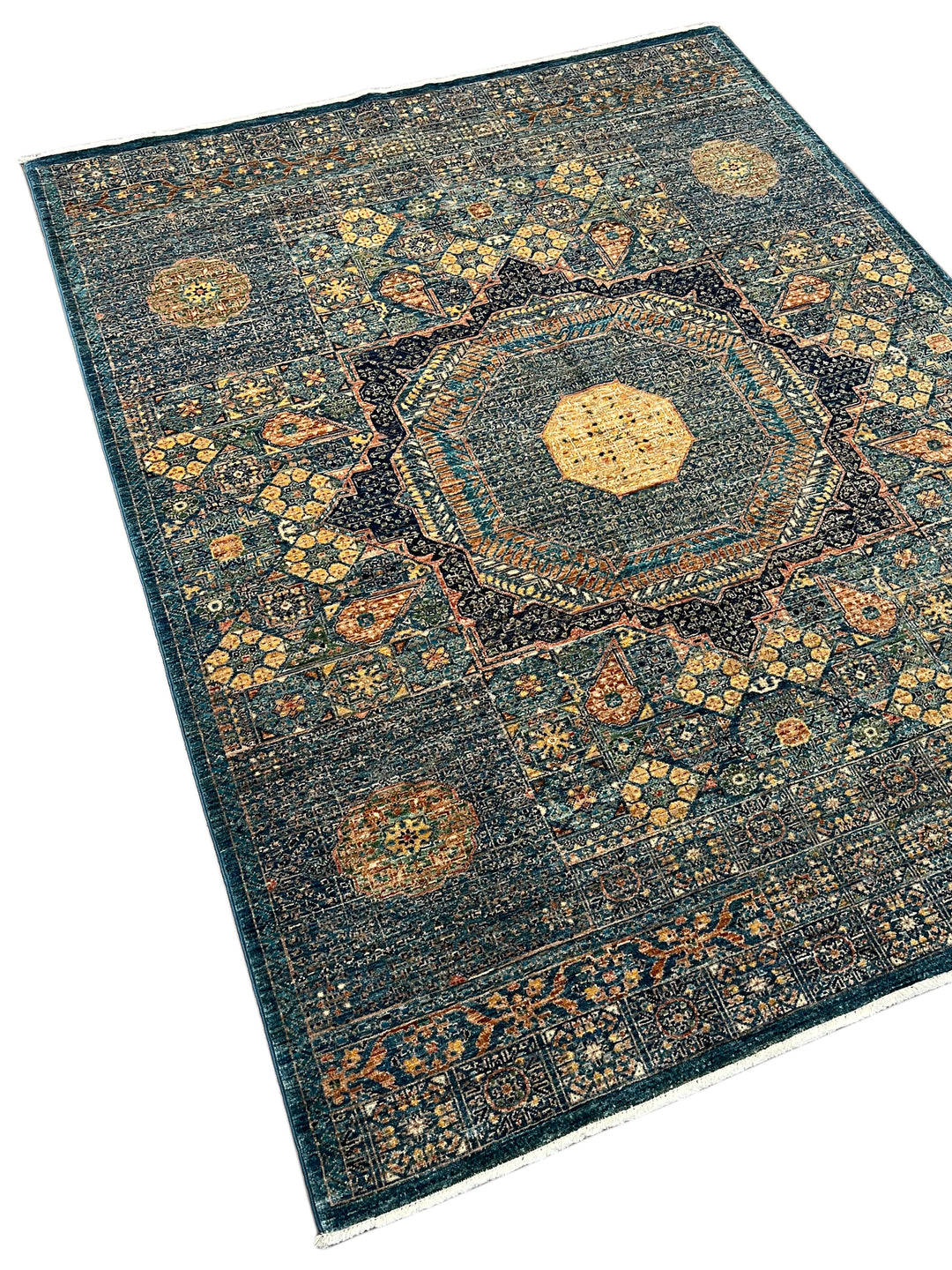 Blue, Green &amp; Gold Geometric Medallion Design – Hand-Knotted Mamluk Wool Rug –  4.11’ x 6.4’