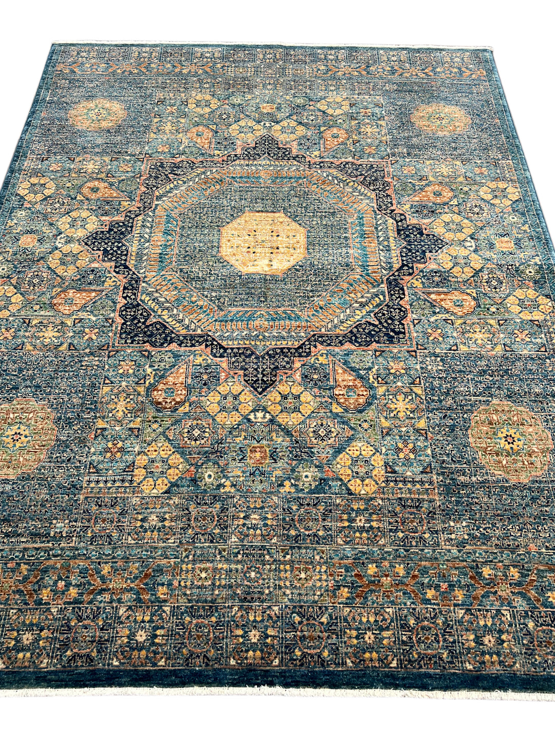 Blue, Green &amp; Gold Geometric Medallion Design – Hand-Knotted Mamluk Wool Rug –  4.11’ x 6.4’