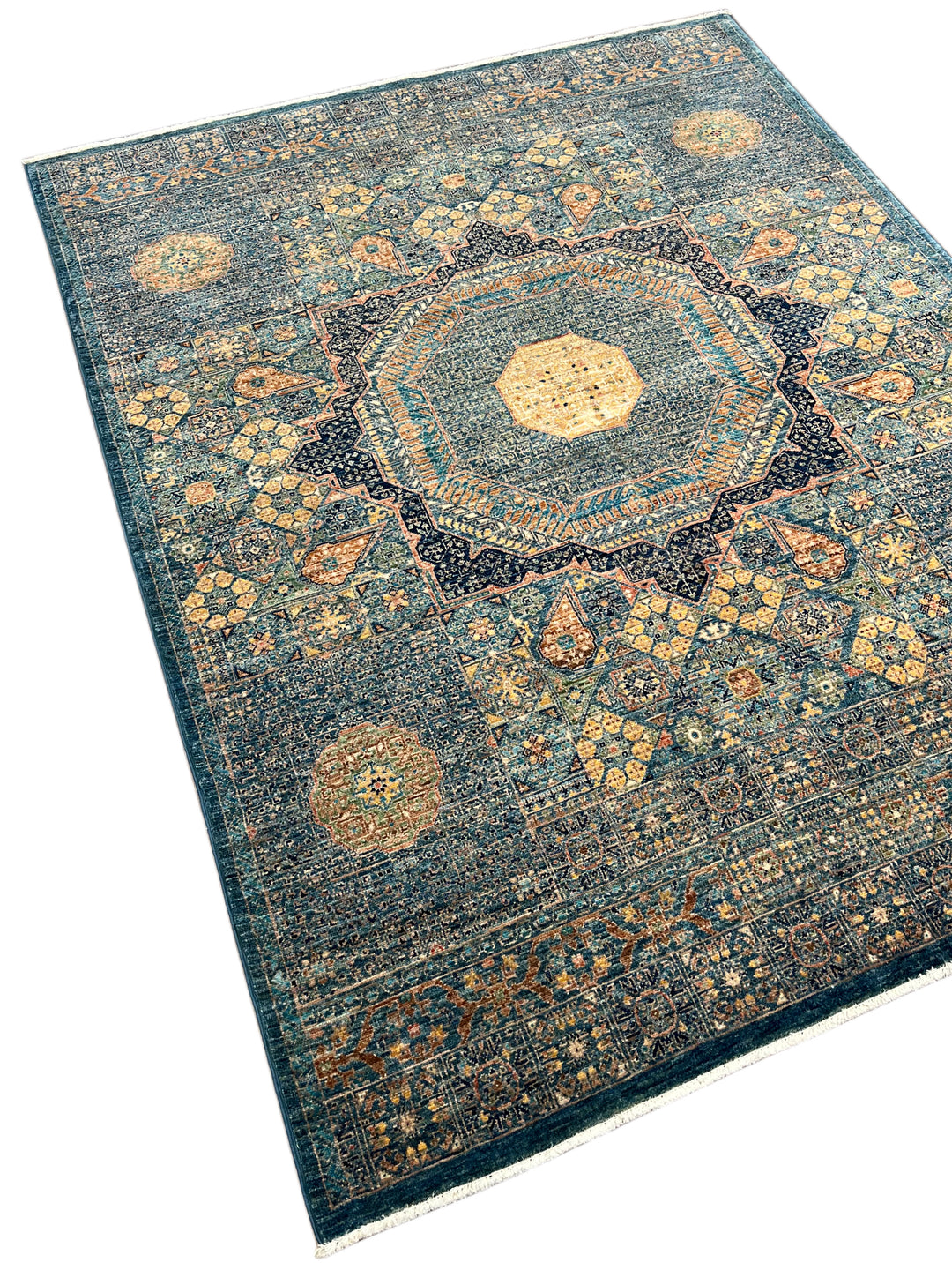 Blue, Green &amp; Gold Geometric Medallion Design – Hand-Knotted Mamluk Wool Rug –  4.11’ x 6.4’